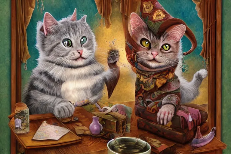 Prompt: old wizard cat painting, 3 d highly detailed, in the style of mark ryden