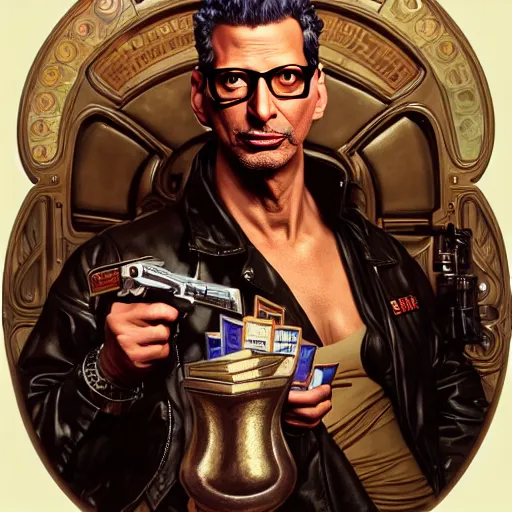 Image similar to full portrait of jeff goldblum as duke nukem, fantasy, d & d, intricate, detailed, by by alphonse mucha, adolfo hohenstein, alice russell glenny, stanley artgerm lau, greg rutkowski, detailed, trending on artstation, trending on artstation, smooth