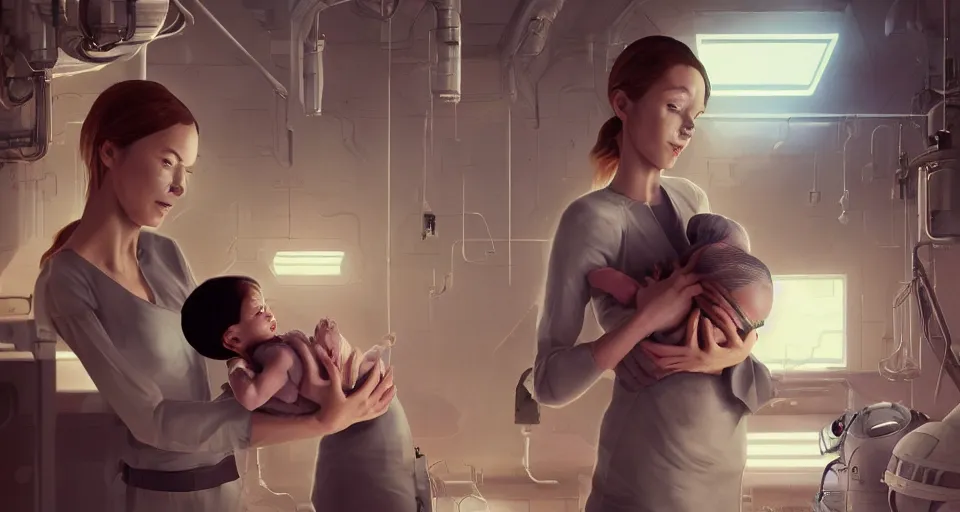Image similar to a very very very very very very realistic still of a woman holding a newly born cyborg baby in a cyborg factory, rendered by beeple, by makoto shinkai, syd meade, starwars, space art concept, sci - fi, digital art, unreal engine, wlop, trending on artstation, 4 k uhd image, octane render