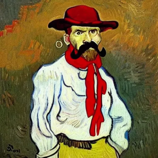 Prompt: gaucho, white shirt, red scarf, mustache, by van gogh