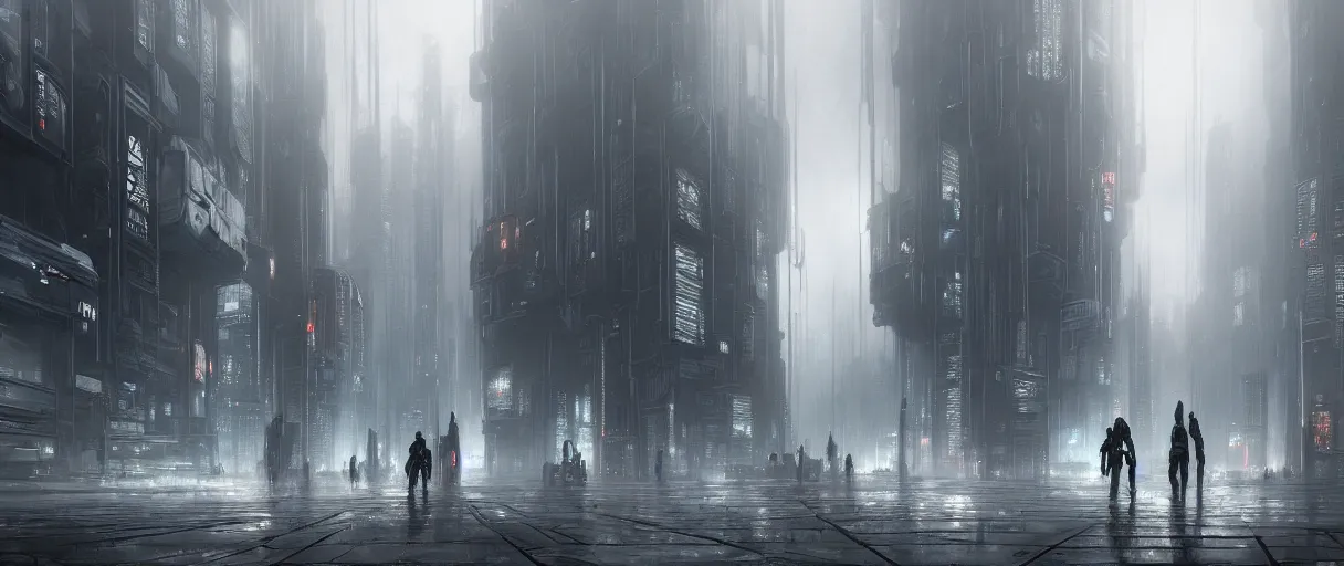 Image similar to dystopian cyberpunk world, with doors everywhere, grey sky, monochrome except doors, concept art, matte painting, high detail, doors on floor, dark, buildings made of doors, large scale, digital painting, style of jordan grimmer, high res
