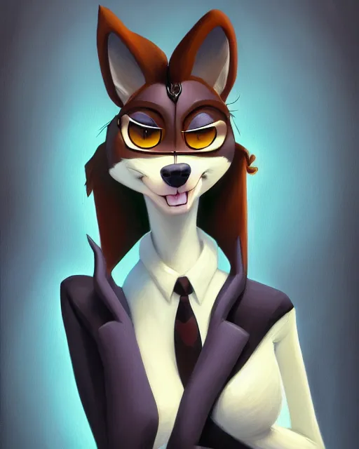 Image similar to oil painting of anthromorphic female wolf, in style of cory loftis, fursona, furry, furaffinity, 4 k, deviantart, furry art, fursona art, wearing black business suit, business suit, in style of zootopia, wolf fursona, cyberpunk, female, very very very expressive detailed feminine face,