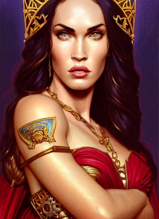 Image similar to portrait of megan fox as a queen, throne, jewelry, greek, ruby, intricate, headshot, highly detailed, digital painting, artstation, concept art, sharp focus, cinematic lighting, illustration, art by artgerm and greg rutkowski, alphonse mucha, cgsociety