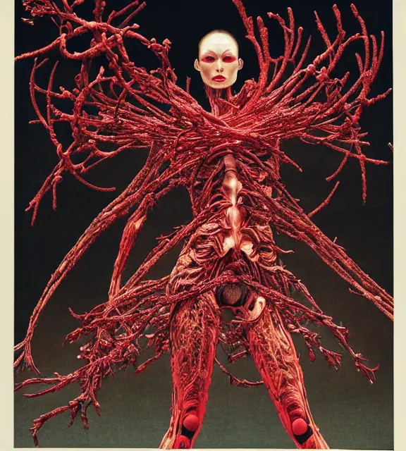 Image similar to still frame from Prometheus, harvest goddess cyborg in crimson filament mycelium, dressed by Neri Oxman and alexander mcqueen, metal couture haute couture editorial by giger by utagawa kuniyoshi