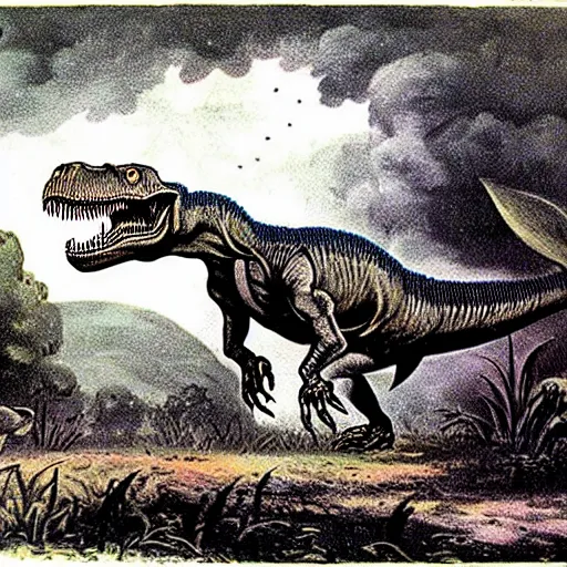 Prompt: antique lithograph from 1 9 0 0 of mr t as. tyrannosaurus rex hunting in a field