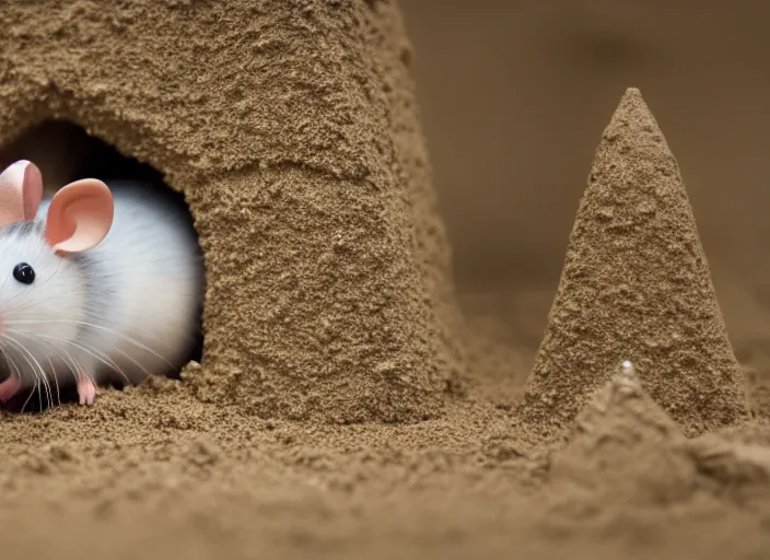 Image similar to dslr photo still of a mouse poking its head out of a sandcastle, 8 k, 8 5 mm f 1. 4