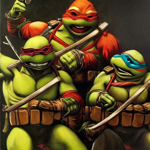 Prompt: teenage mutant ninja turtles by caravaggio, detailed oil painting