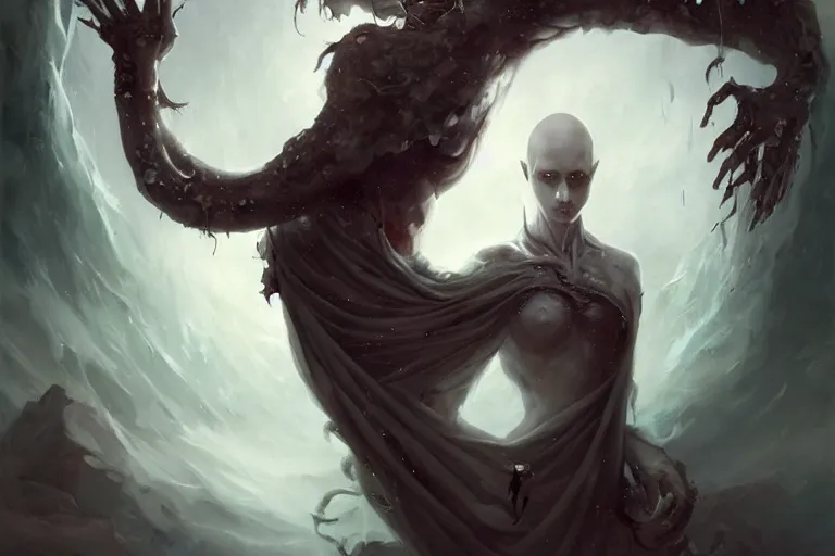 Image similar to a humanoid creature with pale white skin and a gaunt face. the creature is bald. the god of imagination. it is wearing a black flowing cloak that looks like mist. it is crafting an imaginary world. cosmic horror. art by peter mohrbacher.