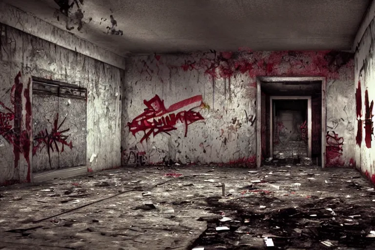 Image similar to Manhunt 3 asylum level concept art, 4k, photorealistic, hd, decrepit walls, falling tiles, graffiti, gritty, splash of dark red near an unconscious person