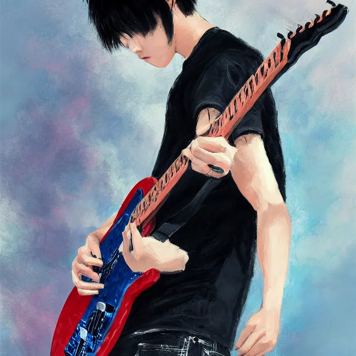 Prompt: a young korean male musician wearing black tank top holding a telecaster!!! electric guitar!! he is made of thick flowing dramatic brush strokes blowing away in strong wind, matte colors, abstract, impressionist, motion, trending on artstation