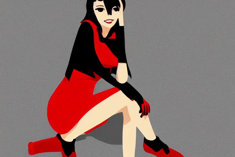 Prompt: a girl sitting vertically, wearing a black outfit with red trim, white background, soft shadow, vector shaded anime, detailed colors, digital art, 4 k