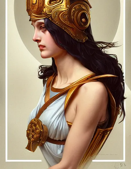 Image similar to athena goddess of wisdom, realistic portrait, symmetrical, highly detailed, digital painting, artstation, concept art, smooth, sharp focus, illustration, cinematic lighting, strength, art by artgerm and greg rutkowski and alphonse mucha and louis theophile hingre