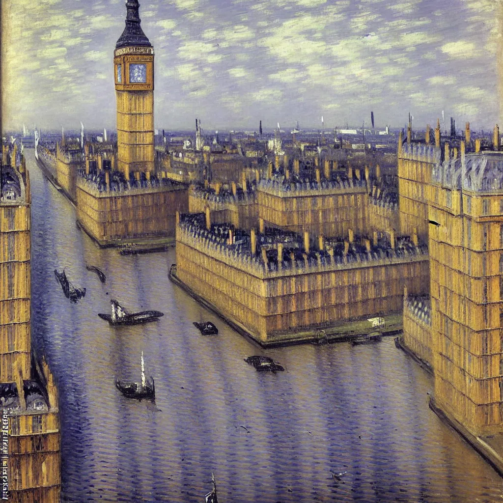 Prompt: gustave caillebotte painting of london in sunny rainy day, big ben