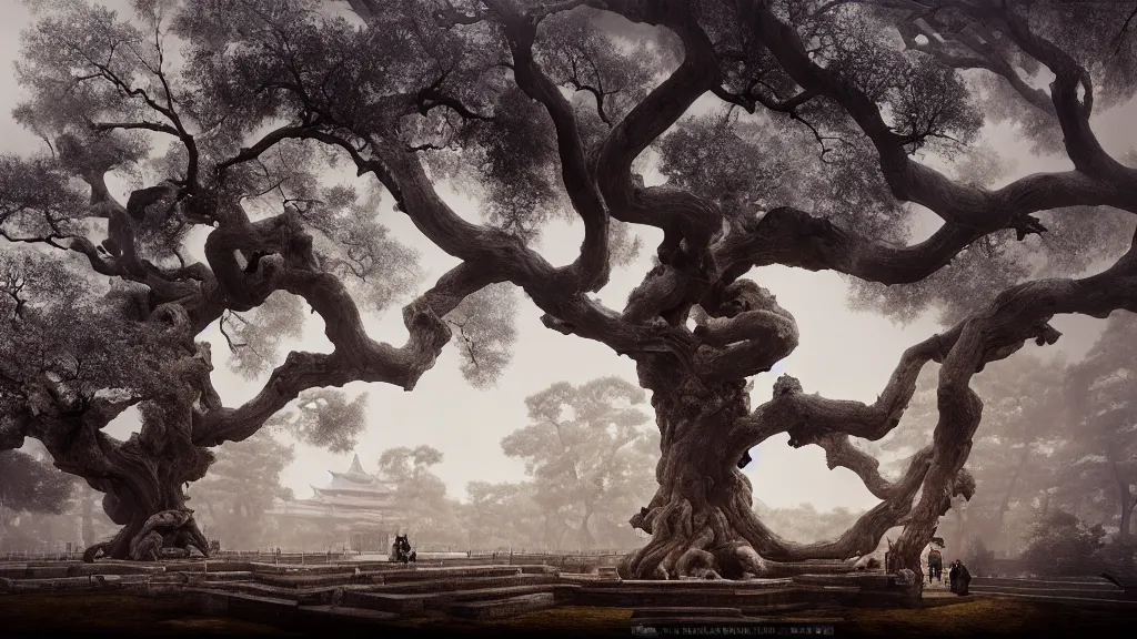 Prompt: the great elven tree growing in the forbidden city, beijing. andreas achenbach, artgerm, mikko lagerstedt, zack snyder, tokujin yoshioka