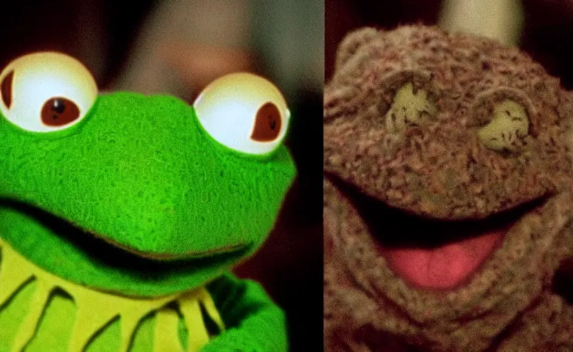 Prompt: silence of the lambs but it's kermit the frog