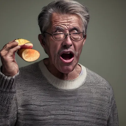 Prompt: a masterpiece portrait photo of an older man yelling at a cucumber, mary elizabeth winstead symmetrical face