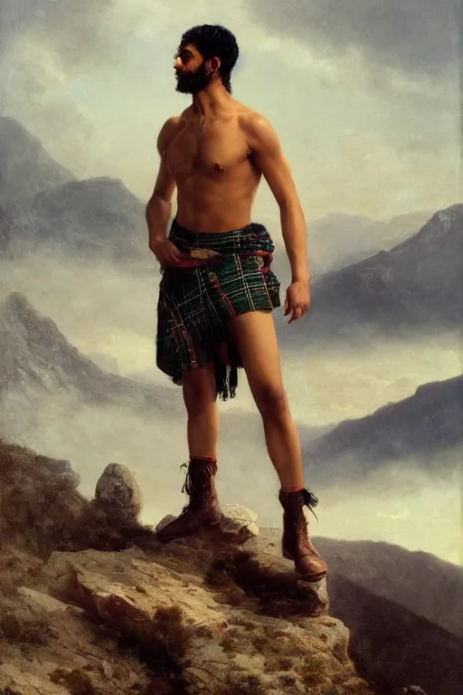 Prompt: a homoerotic portrait by greg rutkowski and albert bierstadt and bill ward of a shirtless brown desi hiker on a mountain peak | he is wearing a revealing tartan kilt, cowboy hat, and leather boots | background is snowy mountains and clouds | detailed face | trending on artstation