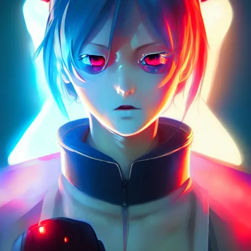 Image similar to digital cyberpunk anime character concept art, gorgeous anime girl symmetrical face, small female android cyborg - angel, glowing red left eye and glowing blue right eye, fullbody!! wlop, rossdraws sakimimichan, ilya kuvshinov, krenz cushart, greg rutkowski.