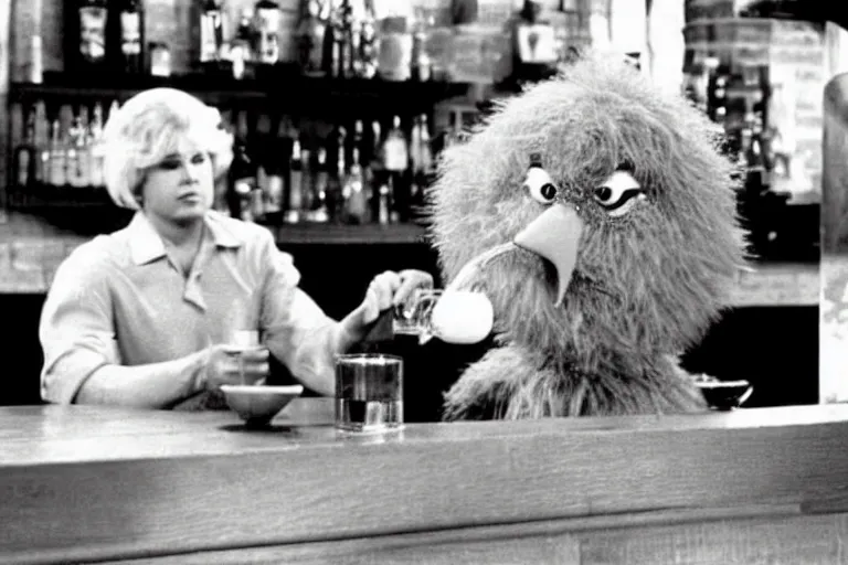 Image similar to “ a still of big bird drinking at the bar in the tv show cheers ”