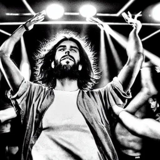 Prompt: jesus in a nightclub at a rave
