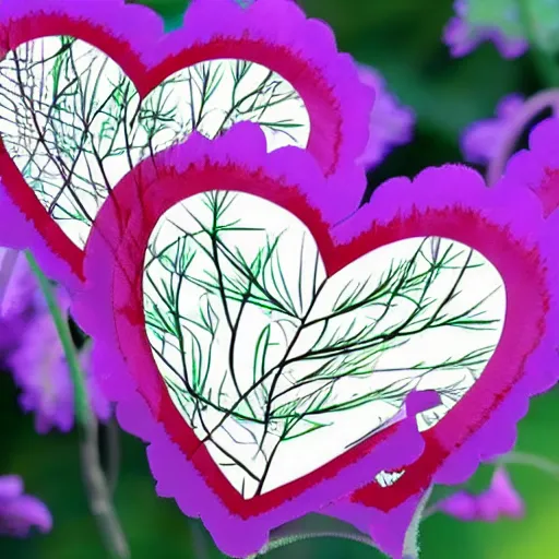 Prompt: A picture of a delicate plant that has hearts as the flowers. Some hearts are flying away from the plant in the background with the wind