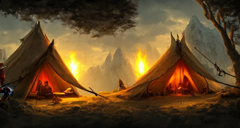 Image similar to an epic fantasy adventurer's camp with a hide tent 4 k, extremely detailed. award winning, trending on artstation, 8 k, ultra wide angle