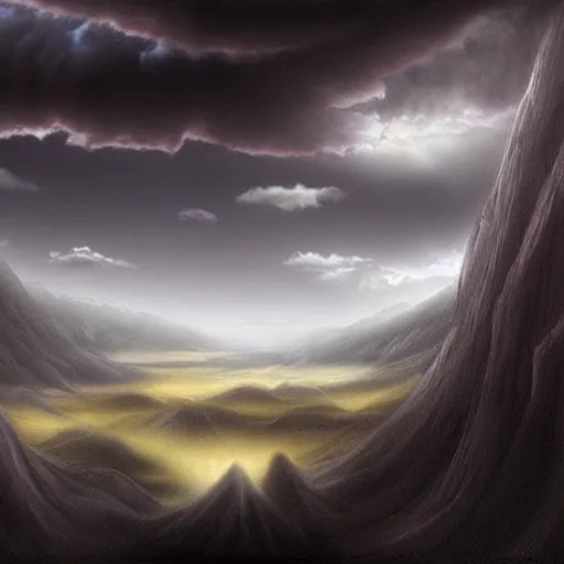 Image similar to a dark cloudy hand in the sky trying to reach the ground in a valley, matte painting, fantasy art