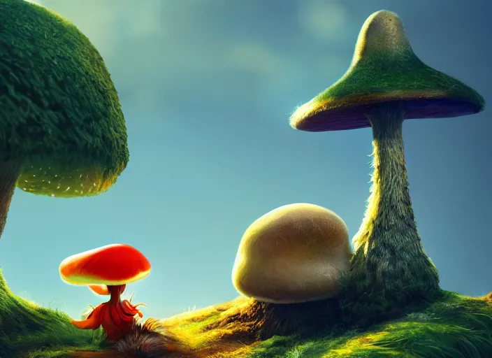 Image similar to a cute dr seuss creature sitting next to a mushroom, golden hour, fantasy, sharp focus, digital art, hyper realistic, 4 k, unreal engine, highly detailed, hd, dramatic lighting by brom, trending on artstation