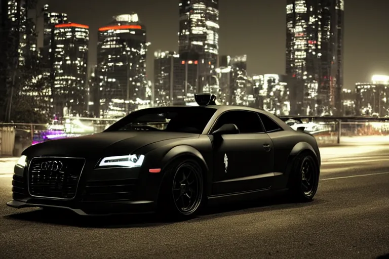 Image similar to widebody all black audi camaro b 8 ( 2 0 1 3 ), need for speed : carbon, at night, sci - fi, neon lines, phonk music background, smoke behind wheels, noise, dark, establishing shot, by simon stalenhag