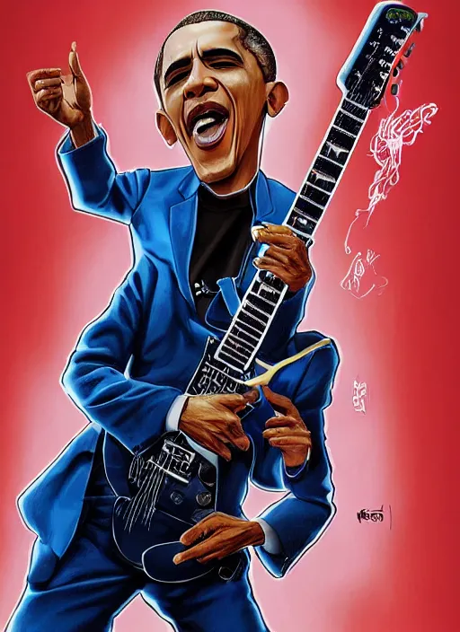Prompt: Barack Obama shredding on an electric guitar in the style of Jason Edmiston