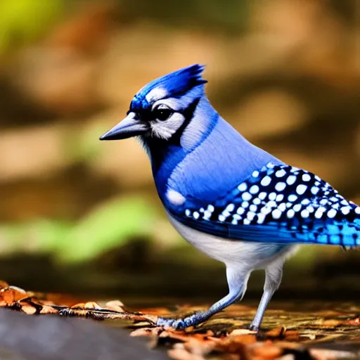 Prompt: bluejay standing next to a river in a forest in autumn