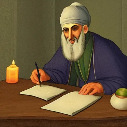 Image similar to maimonides writing by candlelight, in the style of a veggie tales cartoon