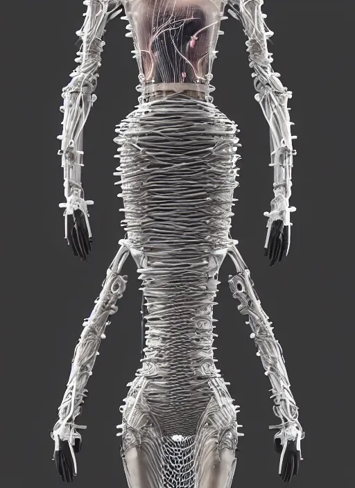 Image similar to catwalk, forest, iris van herpen gothic inflateble dark dress, perfect symmetrical body, helmet on face, full body shot, inflateble shapes, wires, tubes, veins, jellyfish, white biomechanical details, wearing epic bionic cyborg implants, masterpiece, intricate, biopunk, vogue, highly detailed, artstation, concept art, cyberpunk, octane render