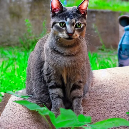 Prompt: cat morphed with bunny, hybrid animal, bunny features and cat features, picture taken in zoo