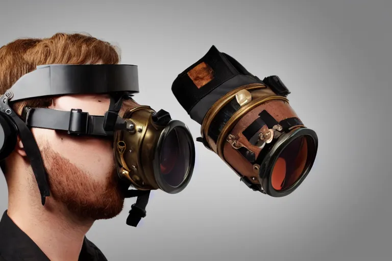 Image similar to a high quality product photography photoshoot of steampunk virtual reality goggles