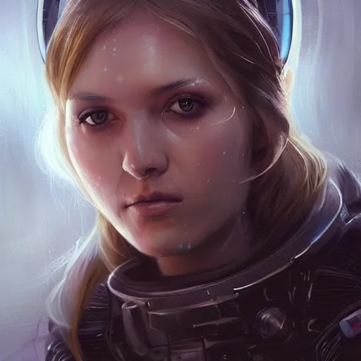 Image similar to portrait of a woman by greg rutkowski, she is about 3 0 years old, slavic, pretty, blond hair with two strans around her face, crying, helplessness and denial, she is wearing a futuristic space gear, highly detailed portrait, digital painting, artstation, concept art, smooth, sharp foccus ilustration, artstation hq.