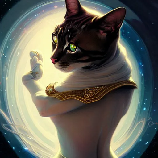 Image similar to Portrait of cat in space, D&D, dark fantasy, intricate, elegant, highly detailed, digital painting, artstation, concept art, smooth, sharp focus, illustration, art by artgerm and greg rutkowski and alphonse mucha