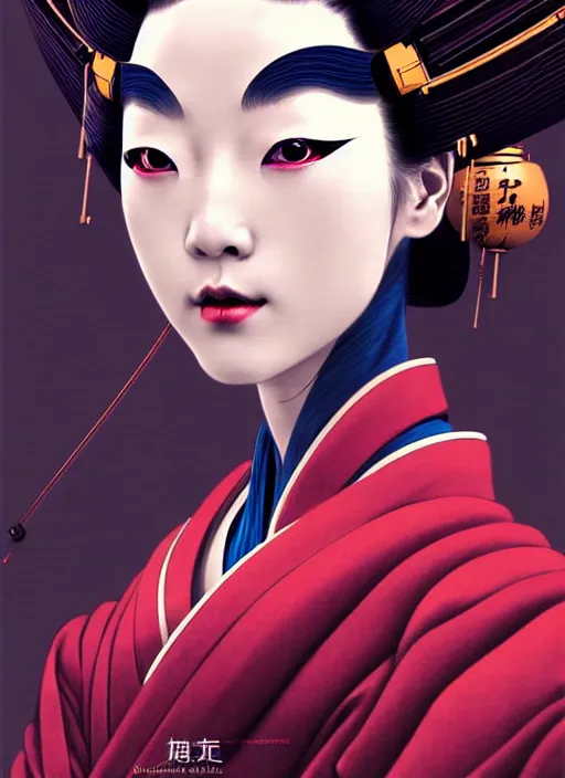 Image similar to sensual japanese geisha wearing vr eyepiece, intricate geisha kimono, robotic, android, cyborg, cyberpunk face, steampunk, fantasy, intricate, elegant, highly detailed, colorful, vivid color, digital photography, cool warm lighting, futurism, artstation, concept art, art by artgerm and greg rutkowski and ruan jia,