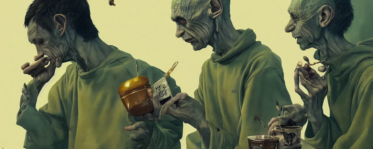 Image similar to duotone olive illustration 3 / 4 portrait of gollum drinking yerba mate from wooden cup symmetrical composition accidental renaissance golden ratio. by sachin teng and sergey kolesov and ruan jia and heng z. graffiti art, scifi, fantasy, hyper detailed. octane render. concept art. trending on artstation