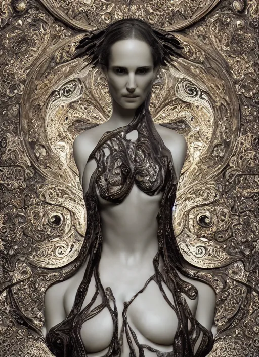 Prompt: marble sculpture of natalie portman, oil slick, palladium veins, dripping, mandelbulb, hypercube, ferrofluid, ivory carving, fractal paisley inlay, lace, intricate, elegant, highly detailed, gold inlay, metallic, ivory, artgerm, lace, by ruan jia, greg rutkowski, mucha, zbrush, nick alm