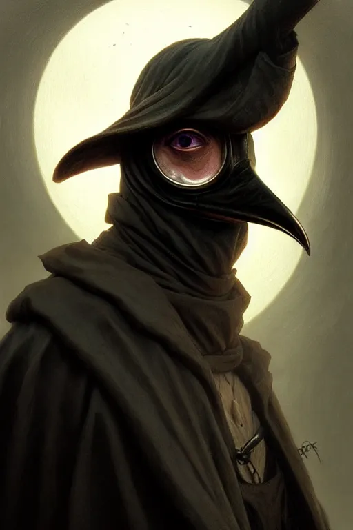 Image similar to Close-up of Plague Doctor, dark fantasy, portrait, highly detailed, digital painting, artstation, concept art, sharp focus, illustration, art by artgerm and greg rutkowski and alphonse mucha