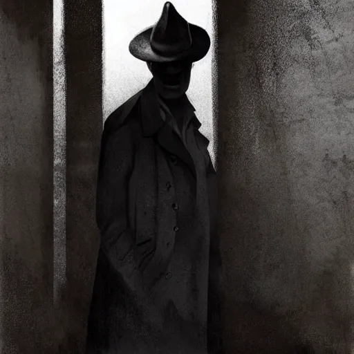 Image similar to man posing in the dark with a fedora hat and a trench coat, dark photo, noir, horror, digital illustration, matte painting, rutkovski, beksinski