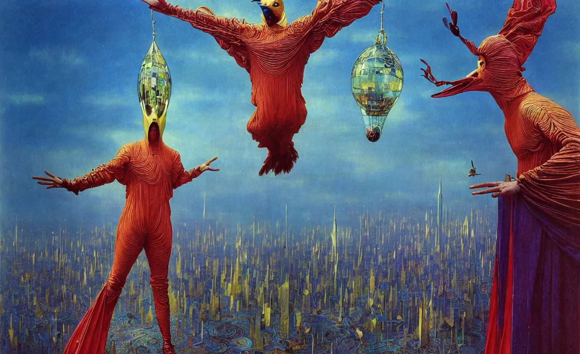 Image similar to realistic detailed portrait movie shot of a birdman wearing reflective transparent robes, sci fi city landscape background by denis villeneuve, amano, yves tanguy, alphonse mucha, ernst haeckel, max ernst, roger dean, masterpiece, rich moody colours, blue eyes