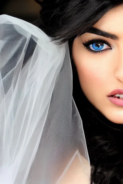 Image similar to Ameera al-Taweel, blue eyes, long wavy black hair, fierce look, white veil, closeup, focus face