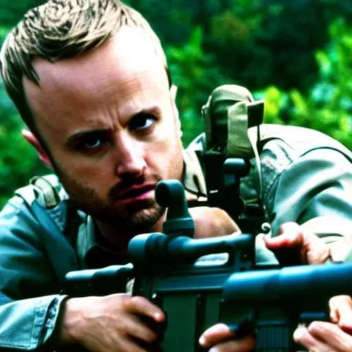 Image similar to jesse pinkman from breaking bad holding an m 1 6 rifle in the vietnam war, 4 k, hyper realistic