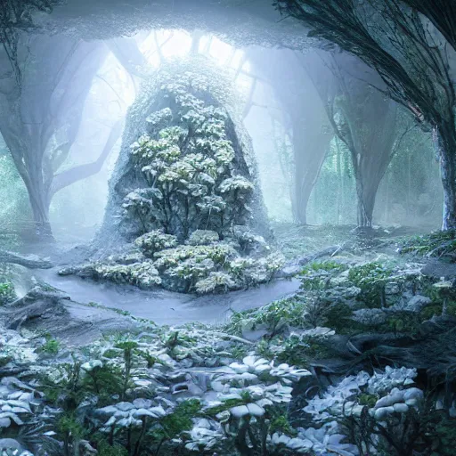 Image similar to biocomputer heart organ intertwined with white biocomputer flowers in a biomechanical cave forest, intricate environment, matte painting, diffused lighting, highly detailed cinematic, atmosphere, diffused lighting, highly detailed digital art, trending on artstation, depth of field, wide angle