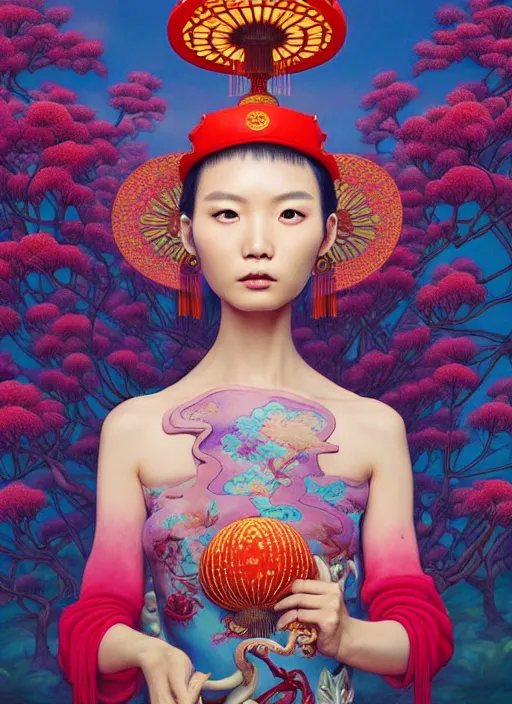 Image similar to pretty chinese model with hallucination mushroom : : by martine johanna and simon stalenhag and chie yoshii and casey weldon and wlop : : ornate, dynamic, particulate, rich colors, intricate, elegant, highly detailed, centered, vogue, harper's bazaar art, fashion magazine, smooth, sharp focus, octane render, 8 k