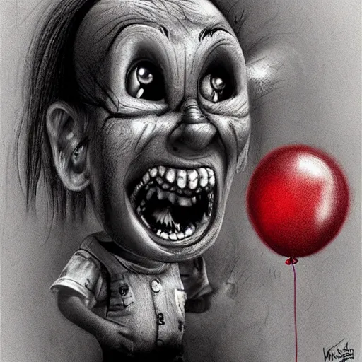 Image similar to surrealism grunge cartoon portrait sketch of chucky with a wide smile and a red balloon by - michael karcz, loony toons style, slender man style, horror theme, detailed, elegant, intricate