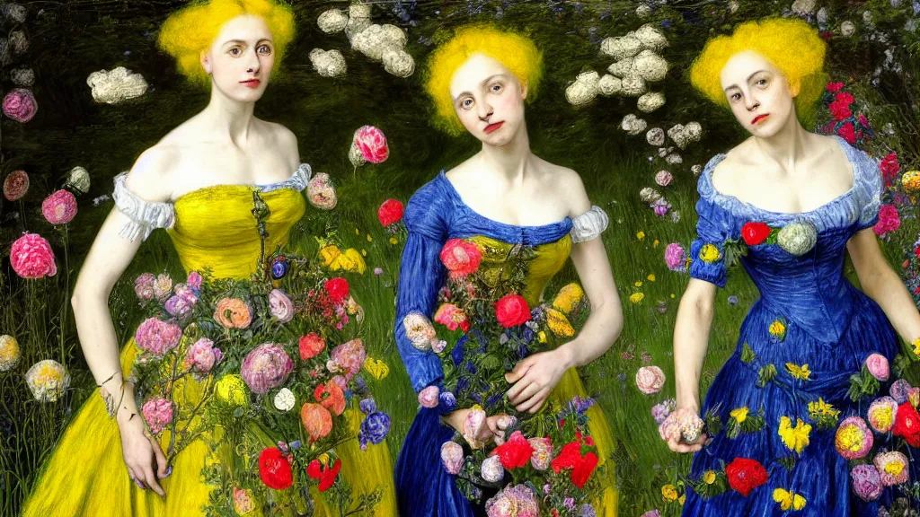 Prompt: photo-realistic portrait of two young women with neon yellow hair, wearing a blue dress by Vivienne Westwood, standing in a garden full of flowers, intricate details, in the style of John Everett Millais, black background