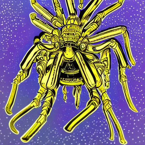 Image similar to ultra precise, asymmetric fineliner drawing of a gold plated mecha spider machine which embeds a man inside a squid, minimal injury, maximal squidification. three colour ink marker pen on rainbow spattered glossy paper. bold lines, gallery quality, winner of nobel prize for insanity